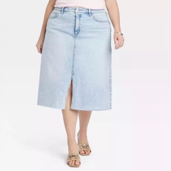 Ava & Viv|Midi A-line denim skirt,light wash,NWT•••Plus size Light Blue Skirt - Picture 1 of 15
